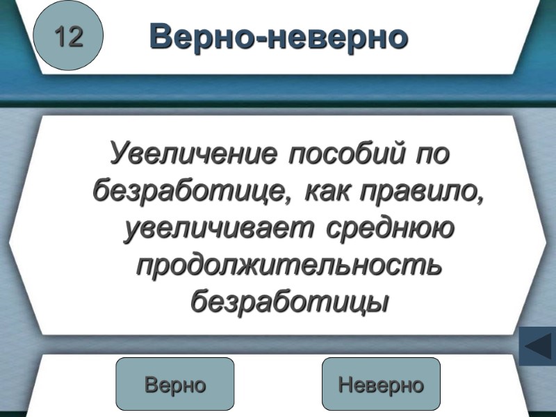 Верно-неверно Увеличение пособий по безработице, как правило, увеличивает среднюю продолжительность безработицы 12 Неверно Верно